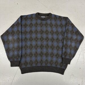 Jantzen Sweater Mens XL Gray Blue Argyle Diamond Knit Crewneck Pullover